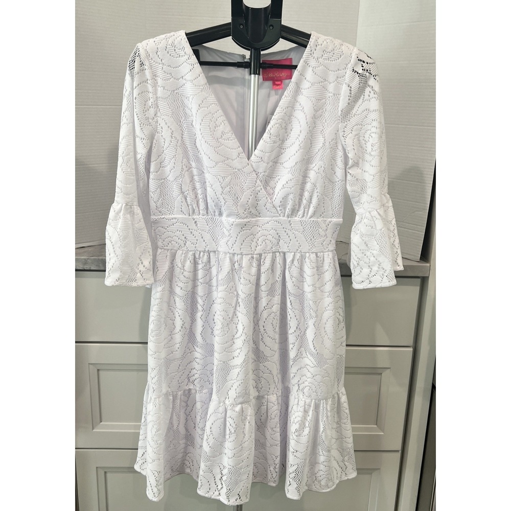 Lilly Pulitzer Cecilia White Floral Lace Graduation Dress Sz 10 VNeck 3/4 Sleeve